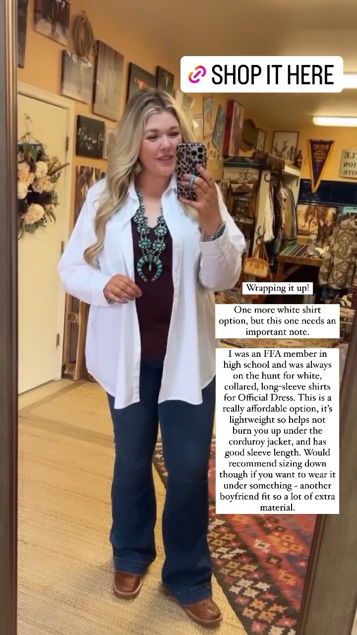 Another good option for a plain white button up shirt, good collar structure, oversized boyfriend fit do definitely size down if you want to wear under something. Cotton but a bit more on the see through side, nice and lightweight though so great for warmer weather. Wearing my true size XXL Tall but would say size down for a slimmer fit if you want that. Wrinkles pretty easily but steams quickly, would be great for layering. Nice sleeve length for the tall gals! 

#LTKcurves #LTKunder50