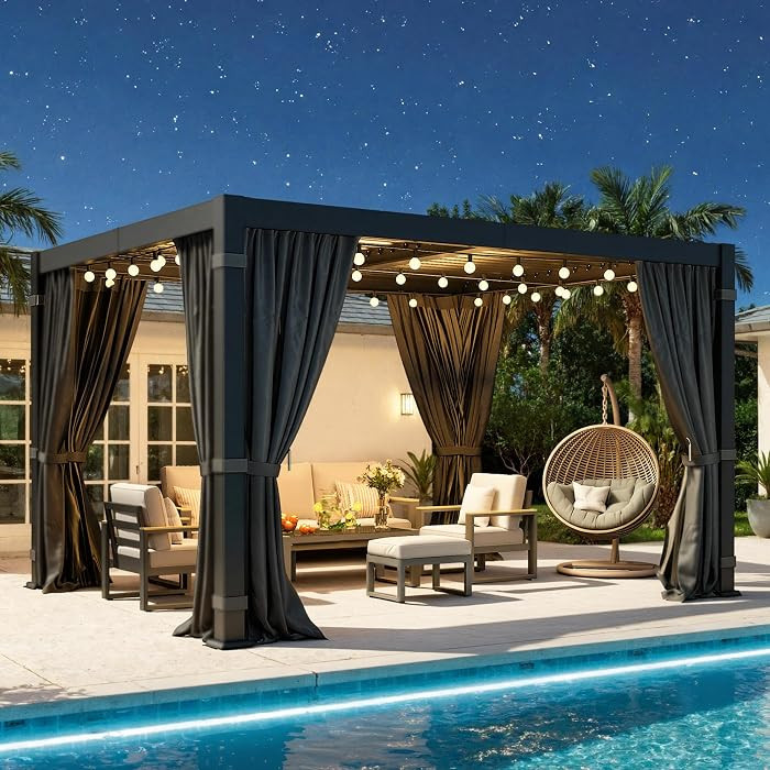 10' x 12' Louvered Pergola, Aluminum Frame Outdoor Pergola with Curtains & Netting, Adjustable Lo... | Amazon (US)