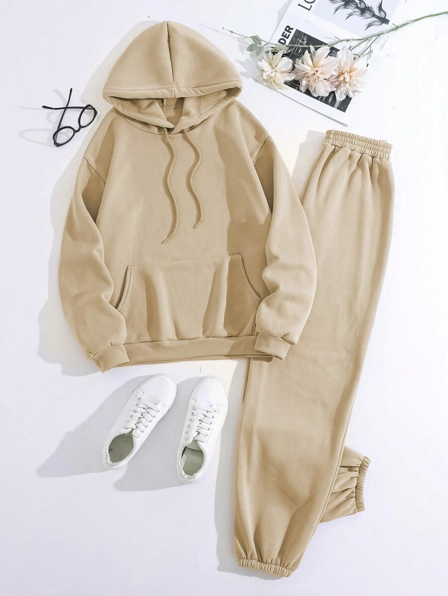 INAWLY Kangaroo Pocket Drawstring Thermal Lined Hoodie & Sweatpants | SHEIN