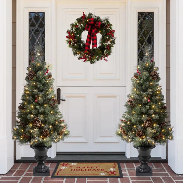 Green Artificial Christmas Tree with Clear/White Lights (Set of 2) | Wayfair North America