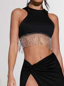 SHEIN BAE Rhinestone Fringe Trim Crop Tank Top & Twist Split Thigh Skirt | SHEIN