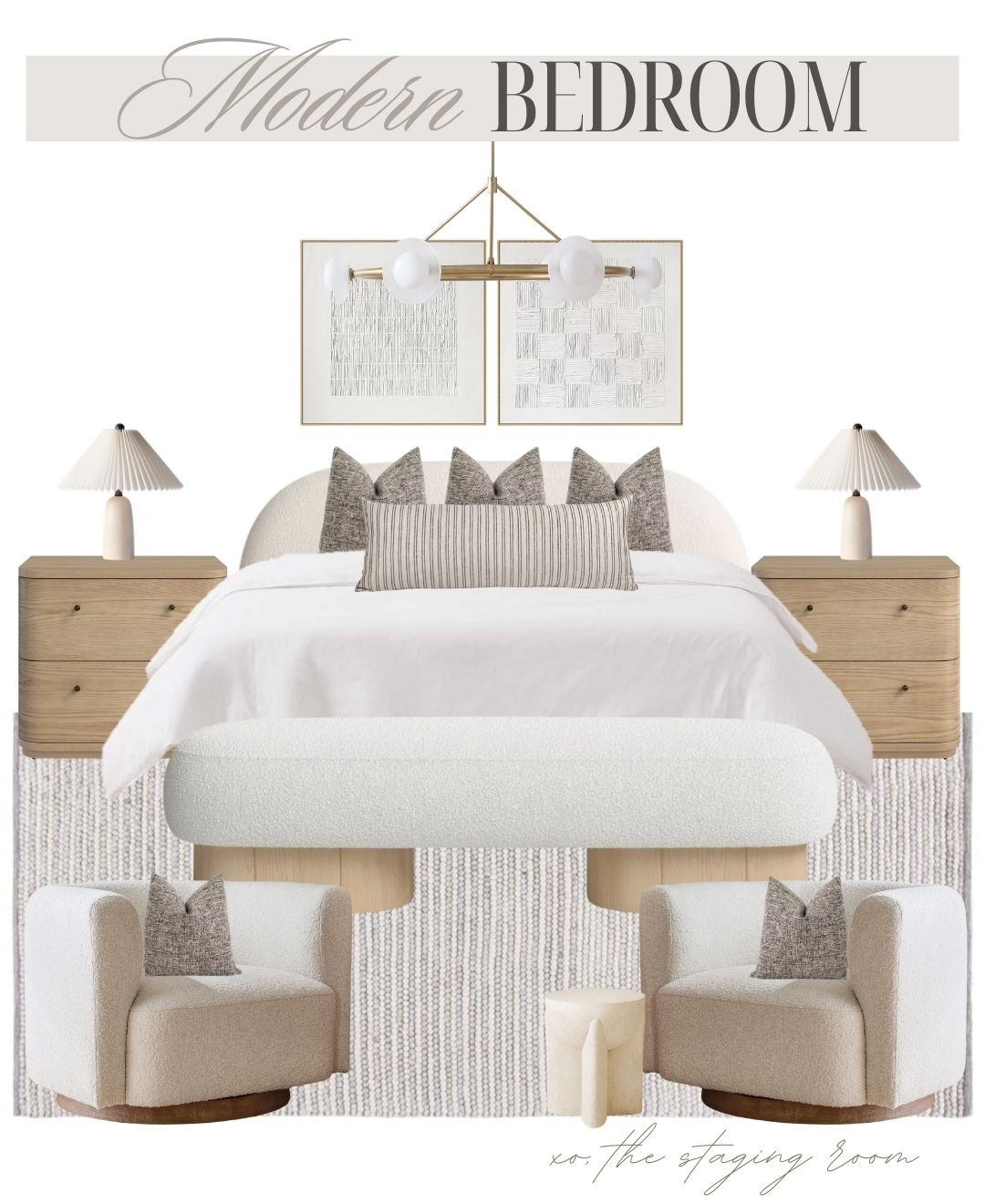 Classic, modern, contemporary bedroom with tons of storage ✨

___

Nightstands, bedroom storage, bedroom dresser, storage bench, accent chair, boucle chair, side table, drink table, pillows, cushion, pillow covers, wall art, chandelier, low bed, upholstered bed, queen bed, king bed, white bed, ivory rug, neutral bedroom.  
