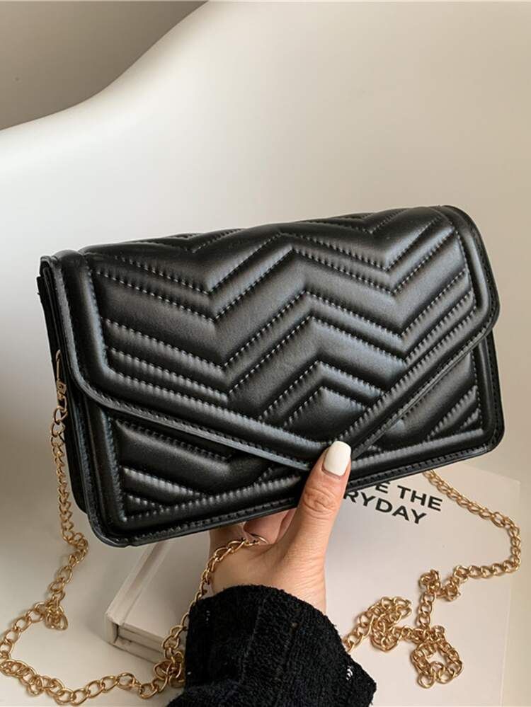Chevron Quilted Chain Flap Square Bag | SHEIN