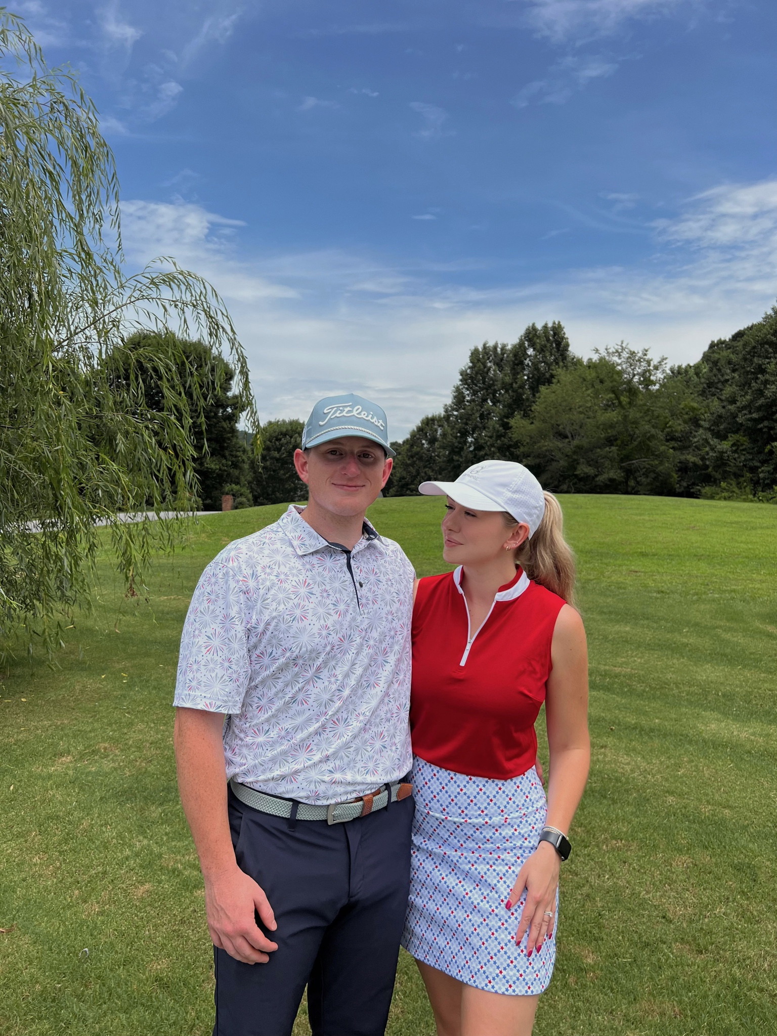 4th of July golf outfits ❤️✨🇺🇸 
I am wearing a small in the top and skirt. 
Avery is wearing a large shirt & 34 in the pants. 

#LTKmens #LTKFitness #LTKstyletip