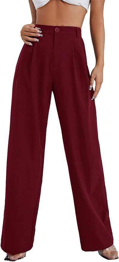 SweatyRocks Women's Casual Wide Leg High Waisted Button Down Straight Long Trousers Pants Burgund... | Amazon (US)