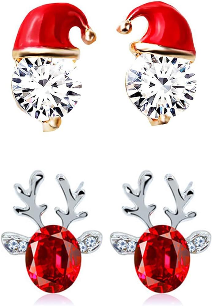 2 Pairs Women's Christmas Earrings, Girls Crystal Gemstone Santa Christmas Hat Earrings Luxury Ch... | Amazon (US)