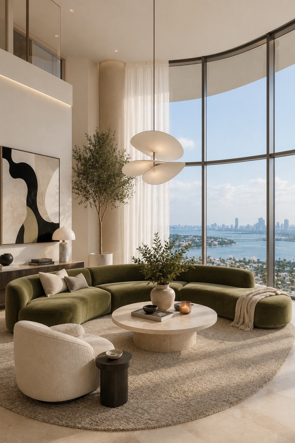 Create a sophisticated living room with a sculptural olive green curved sectional, soft neutral textures, oversized windows, and breathtaking coastal views. Warm organic materials, designer lighting, and timeless contemporary styling make this space feel like a luxury boutique hotel with an inviting, relaxed atmosphere.

#livingroomdesign #organicmodern #greenlivingroom #luxurylivingroom #modernlivingroom #neutralhome #luxuryinteriors #livingroomdecor #interiordesign #designerhome #coastalhome #homedecor #modernluxury #homeinspiration #interiorinspiration #curvedsofa #warmminimalism #ltkhome #amazonhome #luxuryhome