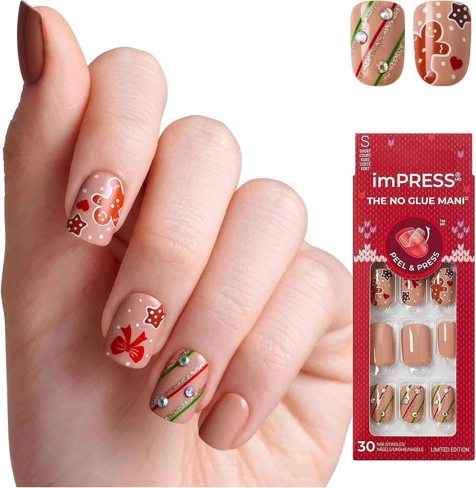 KISS imPRESS Holiday Press On Nails, ‘Mistletoe Kiss’, Brown, Short Squoval, Improved Super H... | Amazon (US)