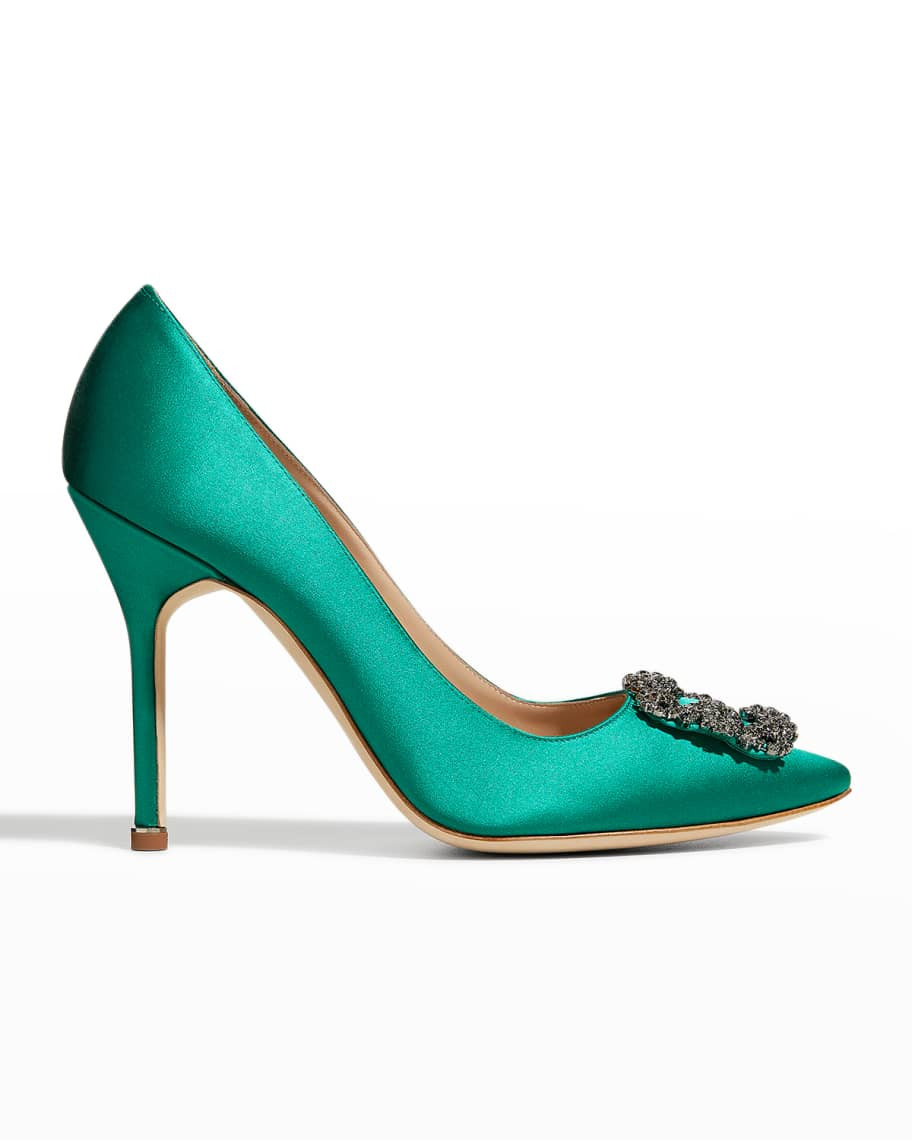 Manolo Blahnik Hangisi Satin Crystal-Buckle Pumps | Neiman Marcus