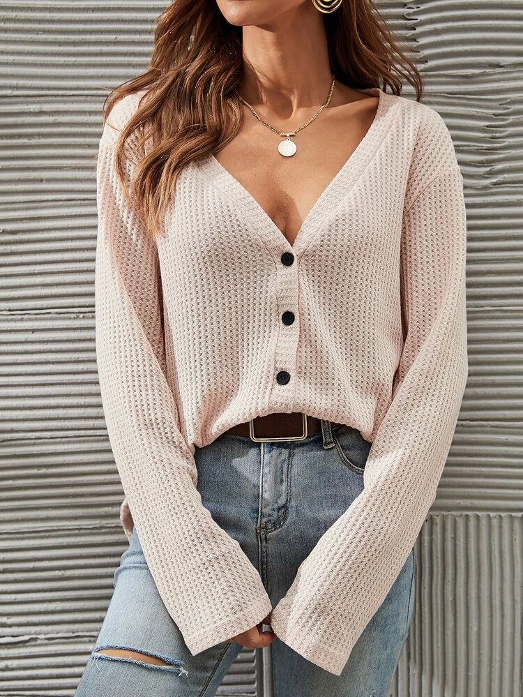 Waffle Knit Button Up Top | SHEIN