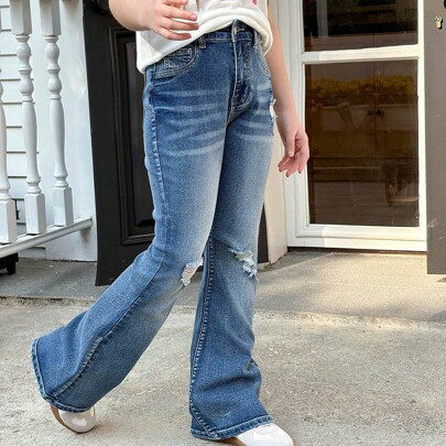 Denimly Girls Fashionable Casual Denim Pants With Elastic Waistband, Zipper Closure, Distressed Ripped Detail, Flare Leg, Stretchy Washed Jeans, For T | SHEIN