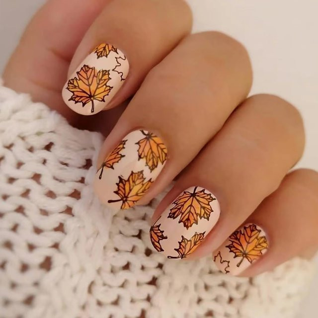 Maple Leaves Press On Nails Short Square Fake Nails Fall Matter Nails Press Ons With Maple Leaves... | Walmart (US)