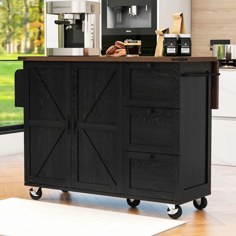 Gracie Oaks Kodah Farmhouse Wood Kitchen Cart with Storage, Drop Leaf and Built-in Charging Stati... | Wayfair North America
