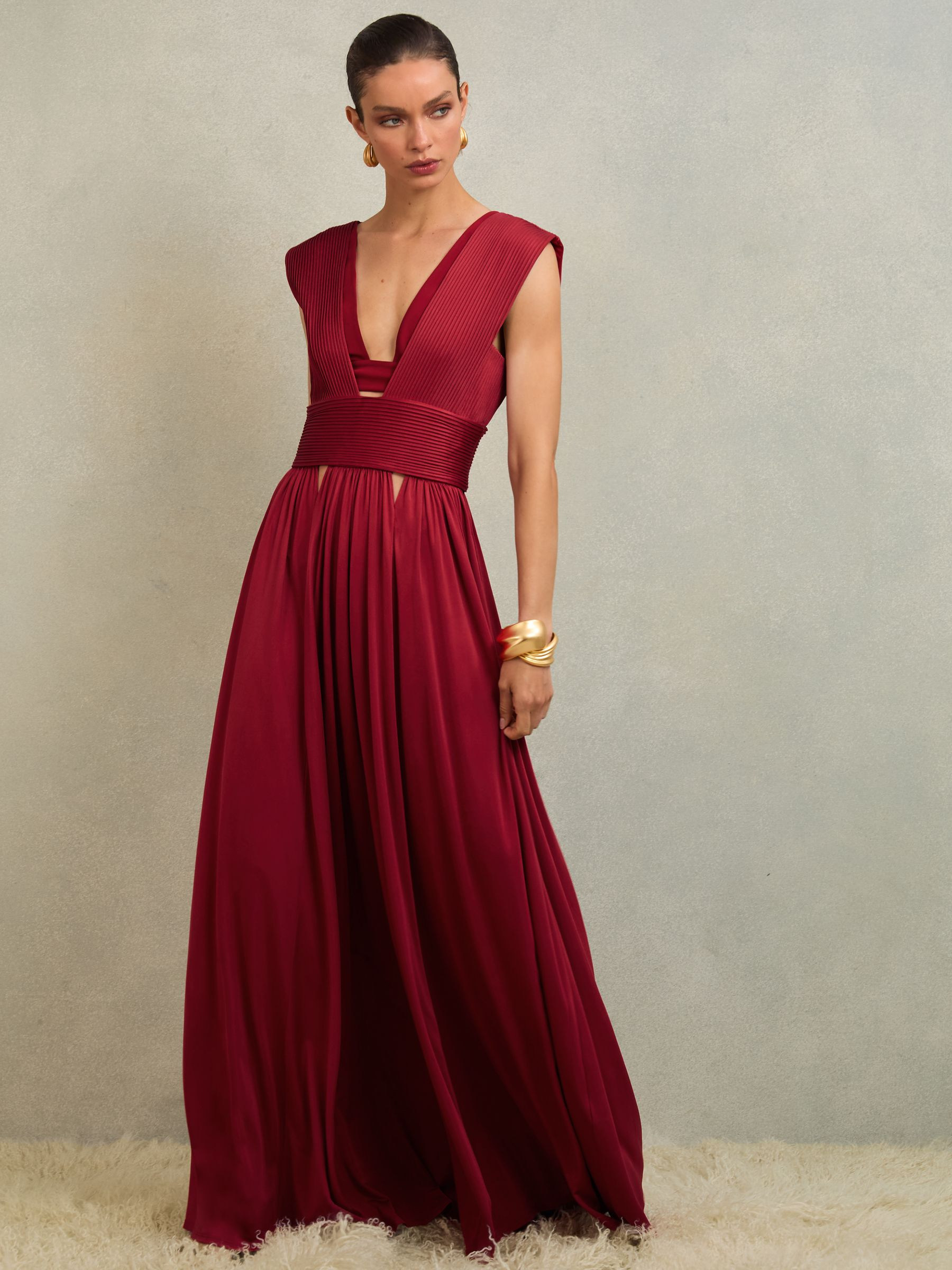 Reiss Atelier Cut-Out Pleated Maxi Dress in Red - REISS | Reiss UK