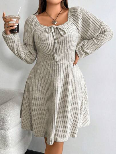 SHEIN MOOSTA Plus Size Women Solid Ribbed Tie-Front Long Sleeve Midi Dress, Autumn/Winter | SHEIN