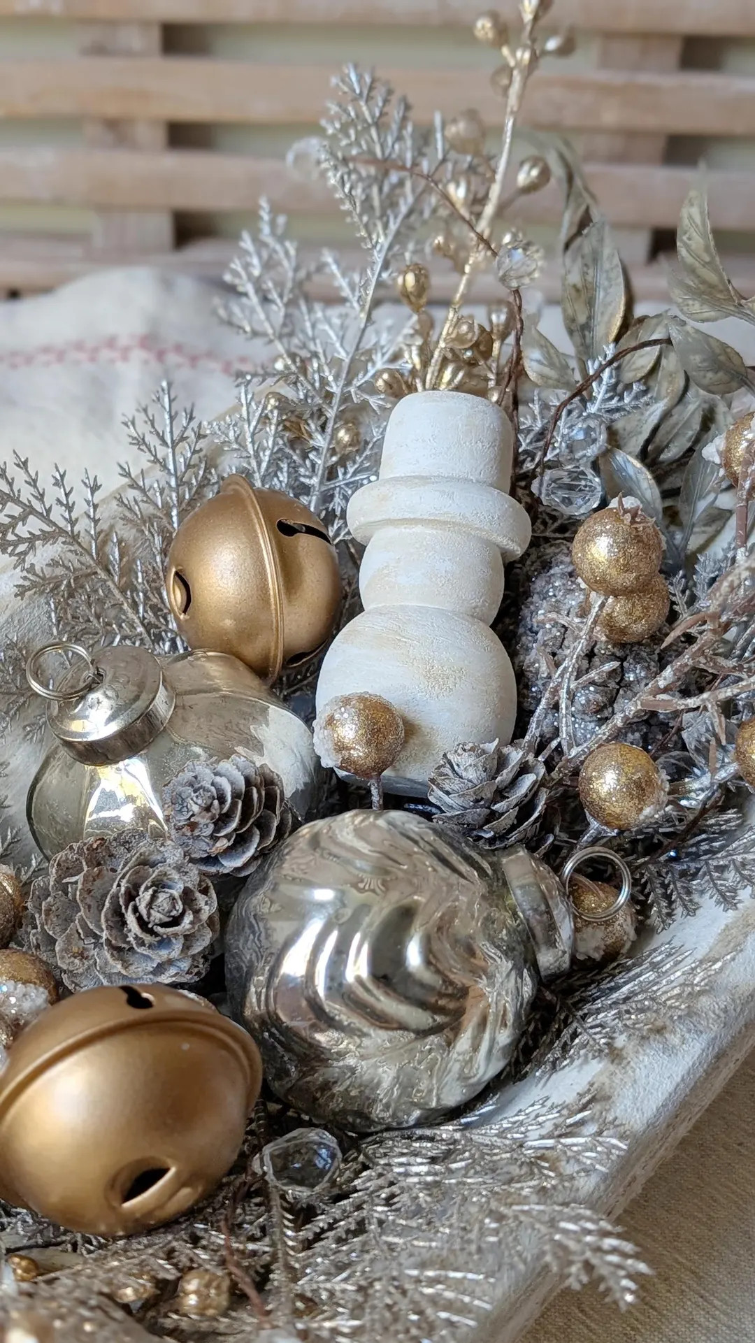 Small Christmas Dough Bowl Centerpiece – Gold, Silver Ornaments & Pinecones - Etsy | Etsy (US)