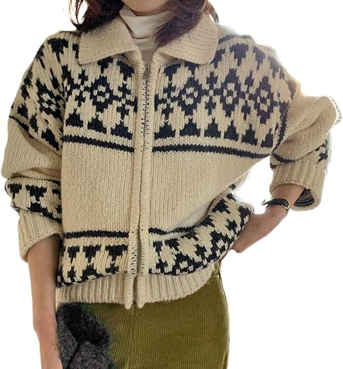 Women's Fair Isle Zip up Cardigans Nordic Collared Knit Sweaters Loose Contrast Patchwork Long Sl... | Amazon (US)