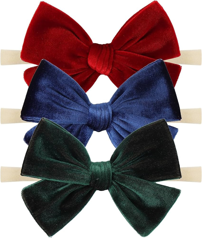 Baby Girls 4" Velvet Hairband Handmade Tied Bow Elastic Nylon Hair Accessories, 3 Pcs Red, Green, Dark Green | Amazon (US)