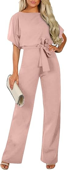 Happy Sailed Womens Loose Short Sleeve Belted Wide Leg Pant Romper Jumpsuit Business Casual One P... | Amazon (US)
