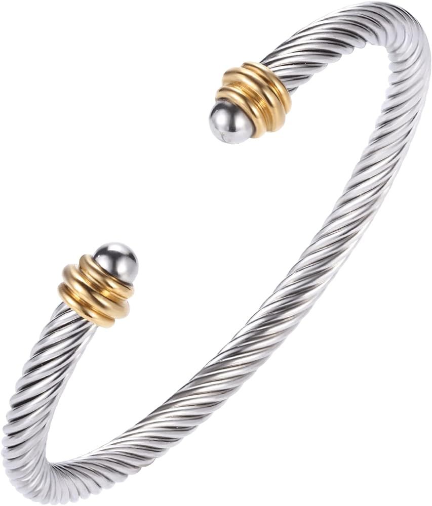 Winhime Twisted Cable Wire Bangle Bracelets for Women, Two Tone Silver Gold Cuff Bracelet for Teen G | Amazon (US)