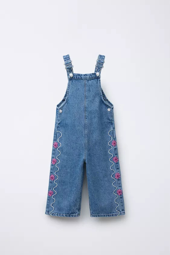WAVY & FLORAL EMBROIDERED DENIM OVERALLS | Zara US