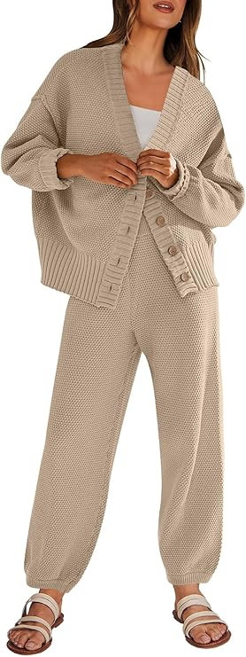 ANRABESS Women 2 Piece Outfits Waffle Knit Long Sleeve Cardigan Set Casual Sweater Pants Lounge S... | Amazon (US)