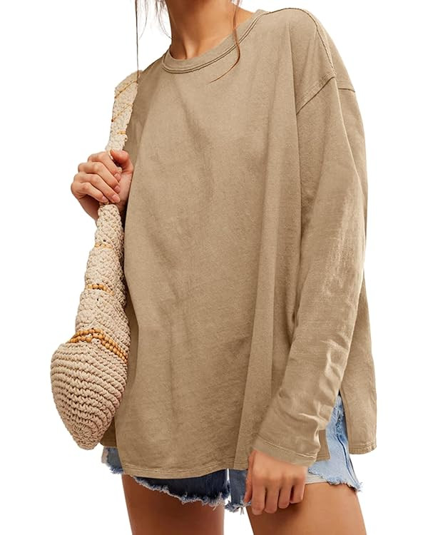 Womens Oversized Long Sleeve Shirts Crew Neck Casual Tops Loose Fit Side Slit Fall Tees | Amazon (US)
