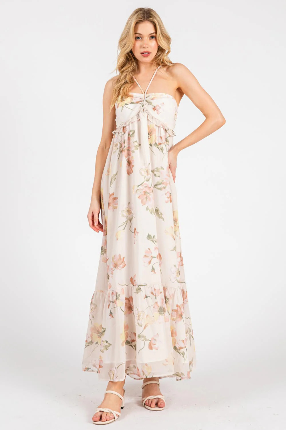 Cream Floral Chiffon Halter Maxi Dress | PinkBlush Maternity
