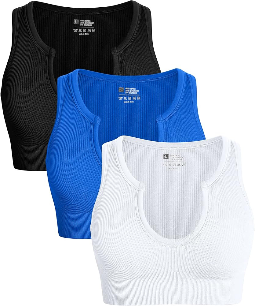OQQ Women's 3 Piece Medium Support Crop Top Seamless Ribbed Removable Cups Workout Yoga Sport Bra | Amazon (US)