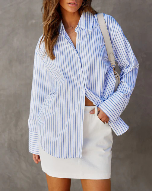 Sherry Cotton Stripe Back Tie Button Down Top - Blue/White | VICI
