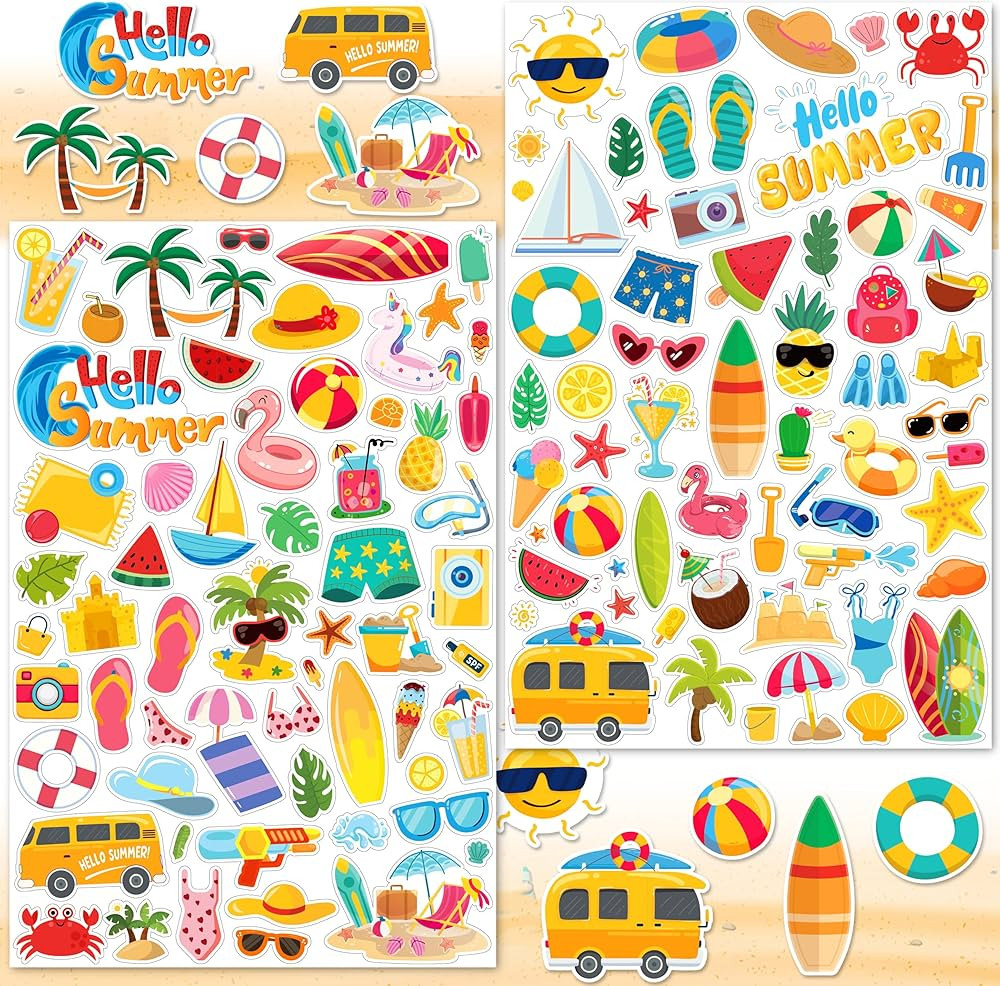LINAYE 24 Sheets Summer Beach Stickers for Kids, 1400 PCS Beach Vinyl Waterproof Stickers for Scr... | Amazon (US)