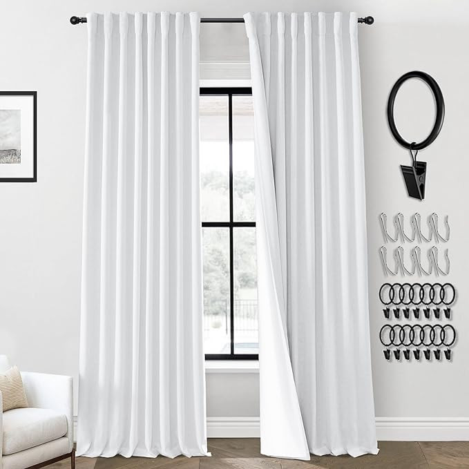 PANELSBURG White Linen Blackout Curtains Drapes 108 Inches Long 2 Panel Set,Pleated Back Tab Room... | Amazon (US)