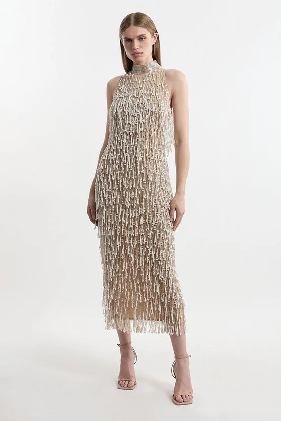 Premium Pearl Tassel Embellished Halter Neck Woven Midi Dress | Karen Millen UK + IE + DE + NL