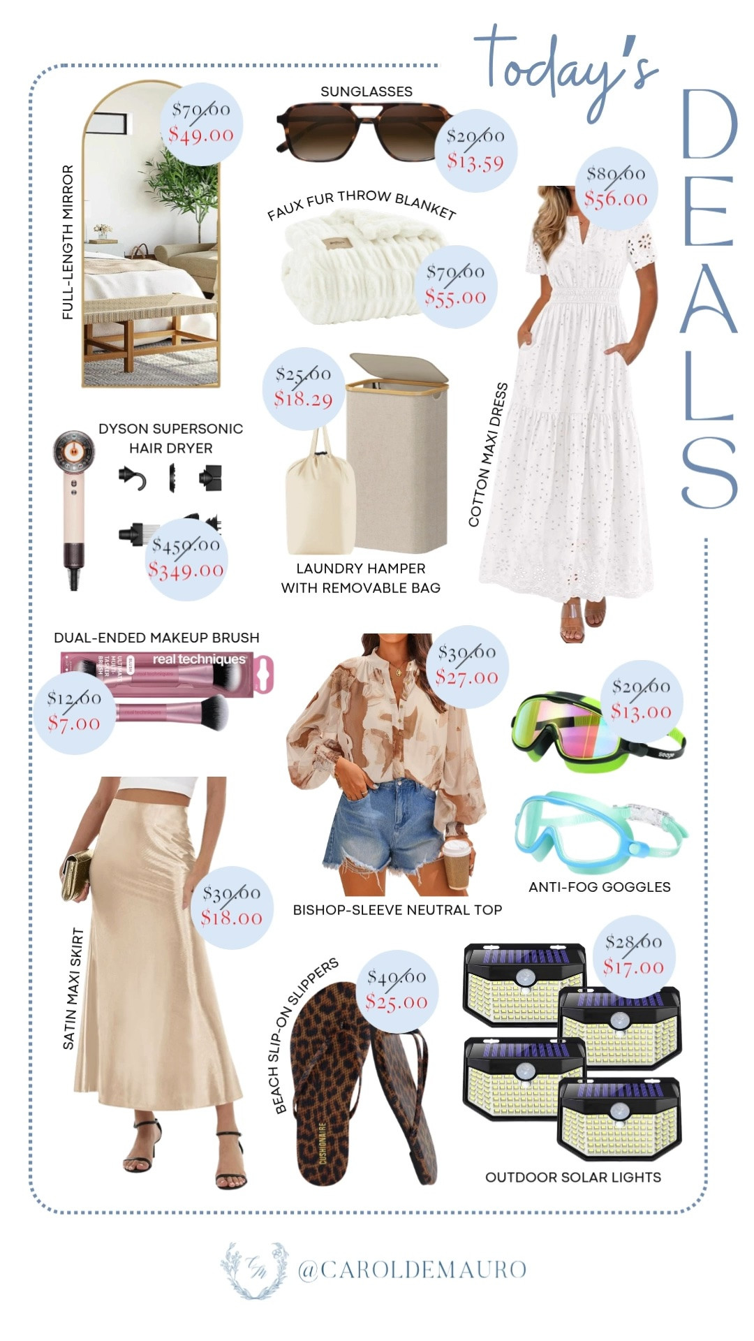 today's deals, on sale, discounted, summer must-haves, cotton maxi dress, satin maxi skirt, neutral top, beach slip-on slippers, dyson supersonic hair dryer, full length arch mirror, sunglasses, faux fur throw, anti-fog goggles, dual-ended makeup brush, outdoor solar lights, laundy hamper, fashion deals, home finds, home organization