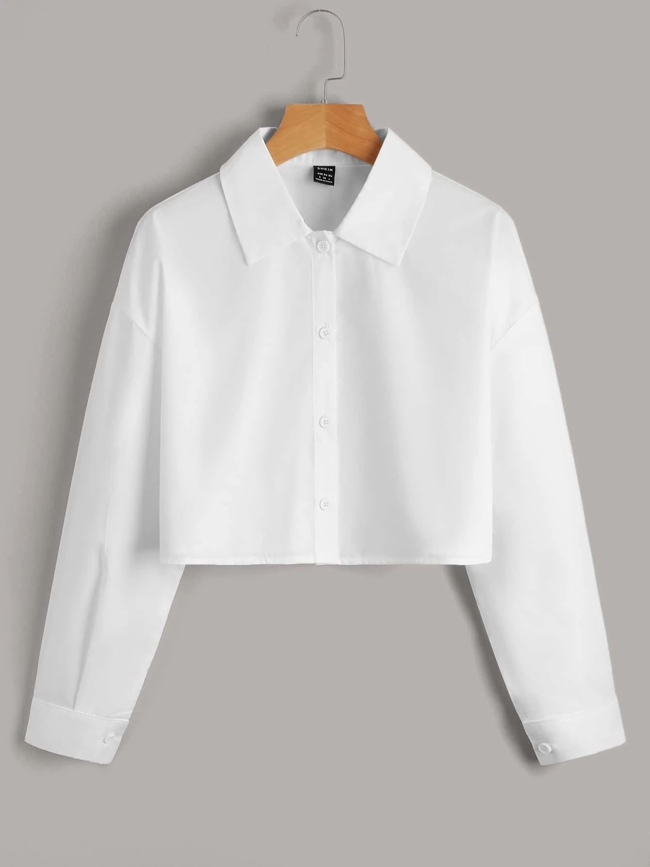 SHEIN Solid Button Front Crop Shirt | SHEIN