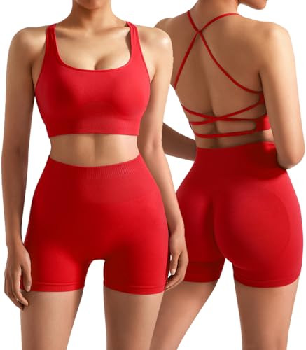 OMKAGI Women Seamless Workout Sets Backless Sport Bra High Waisted Booty Shorts Outfits(L,066-Red) | Amazon (US)