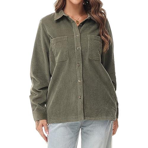 MCEDAR Women's Corduroy Shirt Relaxed Fit Casual Long Sleeve Corduroy Button Down Shacket Jacket Tops Army Green 11805-XL | Amazon (US)