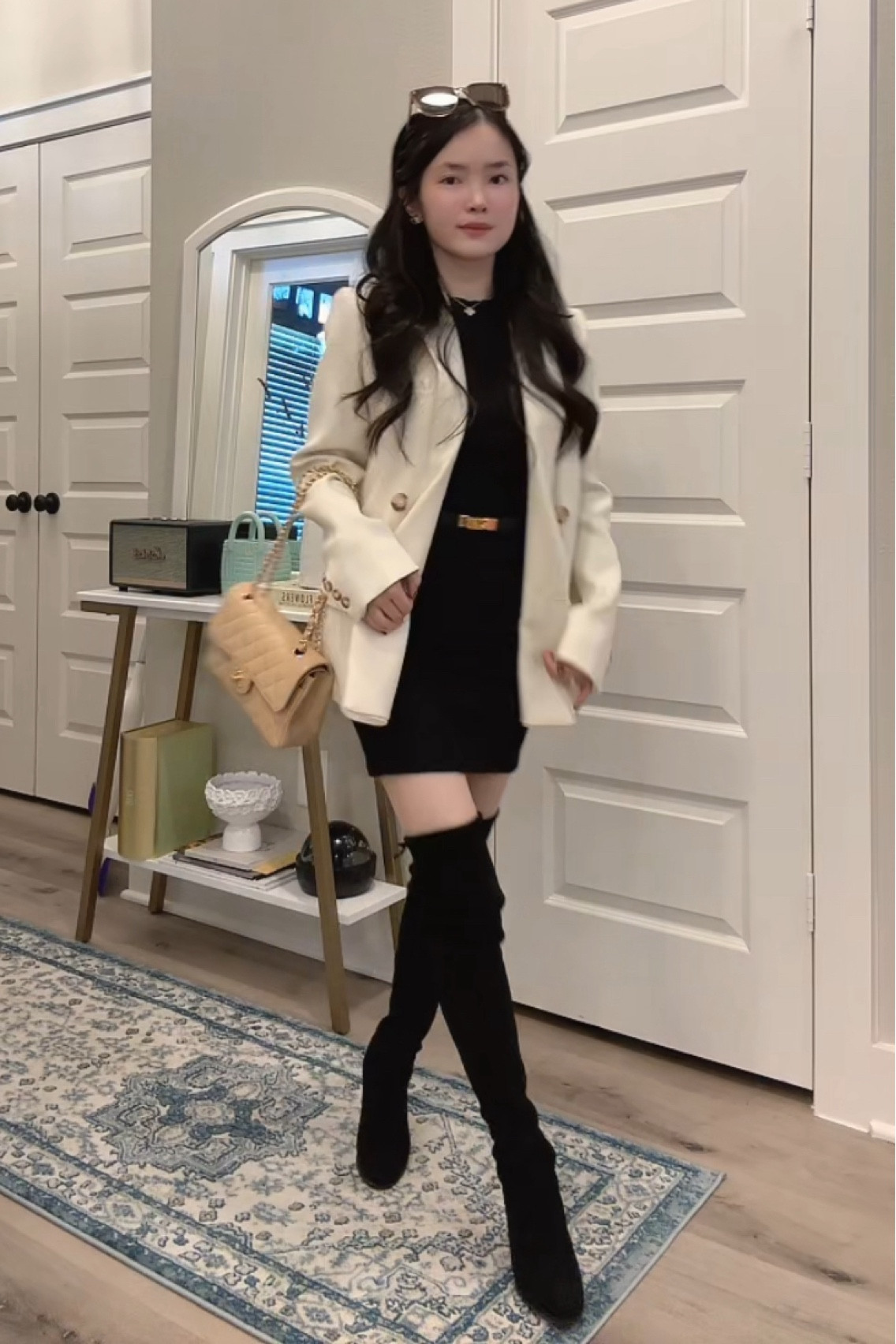 Styling over the knee boots for petite.
Dress: XS
Blazer: 0
Boots: 5.5
