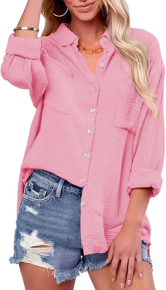 Saudacdn Women Button Down Shirts V Neck Blouse Long Roll Up Cuffed Sleeve Pocket Casual Boyfrien... | Amazon (US)