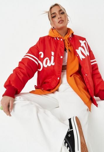 Missguided - Red Saints Popper Front Varsity Jacket | Missguided (US & CA)