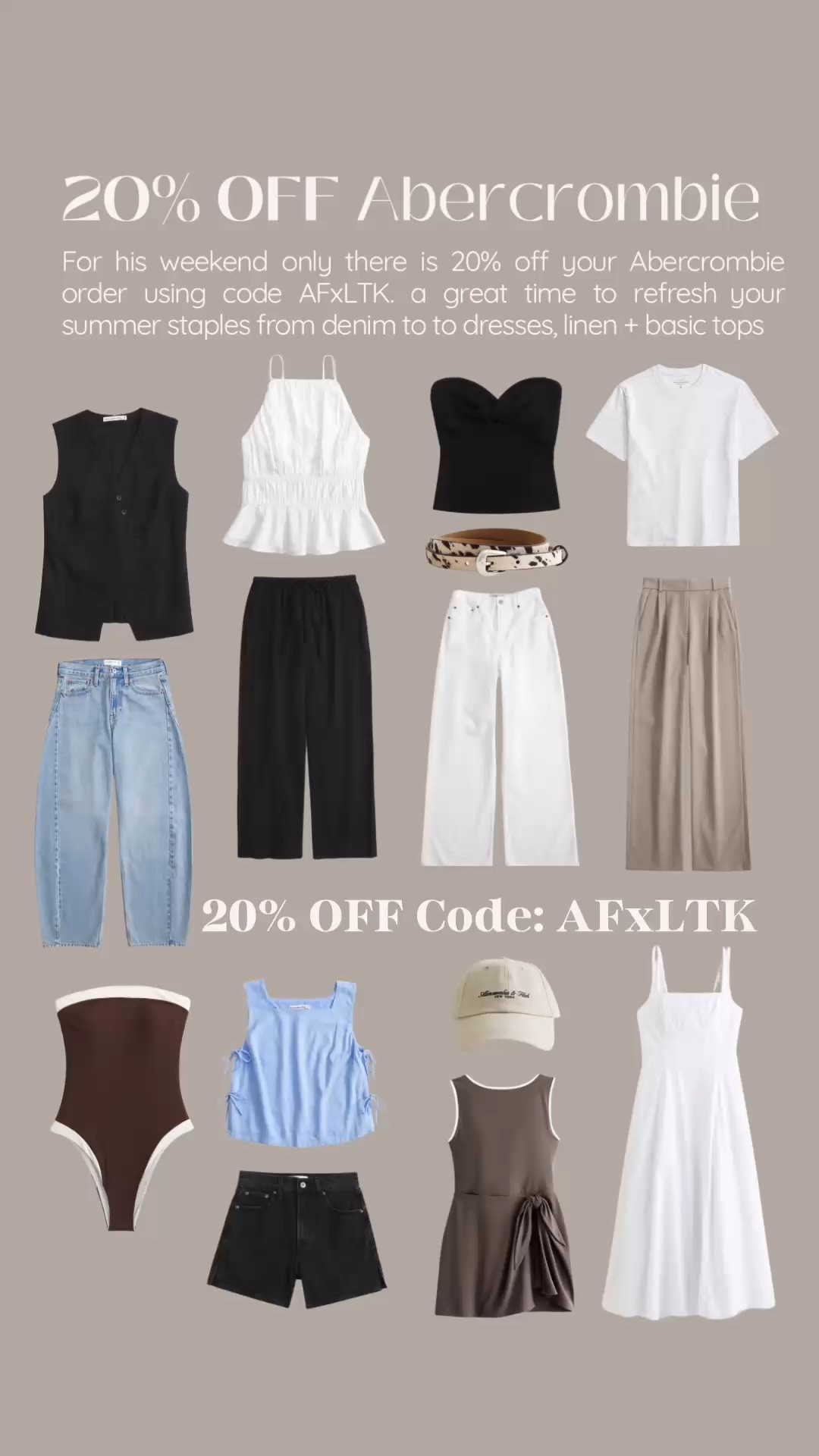 Abercrombie 20% off code - AFxLTK 
Abercrombie jeans - barrel leg jeans - ecru wide leg jeans - linen waistcoat - basic tops - summer outfits - tailored trousers - sloane trousers - A&F - swimsuit - summer dress - white dress - black dress - summer dresses - denim shorts - summer staples - capsule wardrobe summer - capsule wardrobe essentials 

#LTKsummer #LTKuk #LTKxAFSale