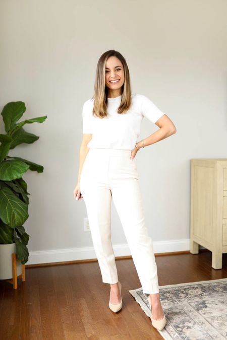 Ann Taylor Eva Ankle - wearing the regular fit in petite and they’re true to size. This pair has an inner lining making them comfortable and forgiving! 

Pants petite 00 
Top similar linked 
Shoes true to size 

#LTKworkwear #LTKstyletip