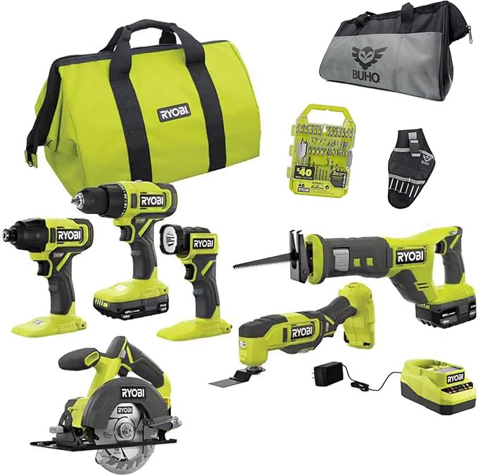6 Power Tools Combo Kit Bundle with Buho Tool Bag, and Holster, 6 Ryobi Tools, 2 Batteries, Charg... | Amazon (US)