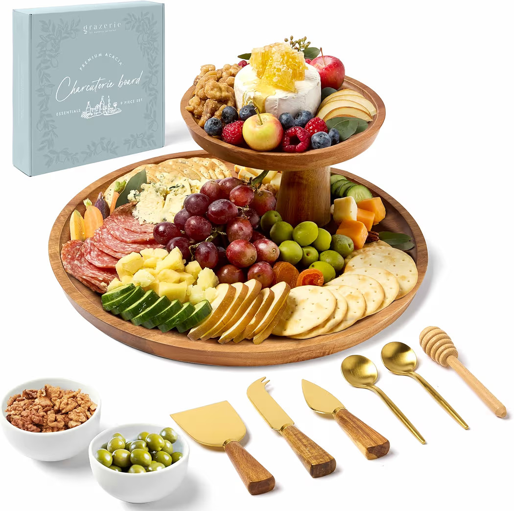 Charcuterie Board Set - Round Acacia Cheese Board Tiered Tray Stand with Accessories - House Warm... | Amazon (US)