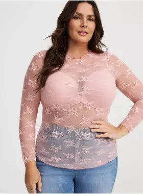 Sheer Lace Crew Long Sleeve Top | Torrid (US & Canada)