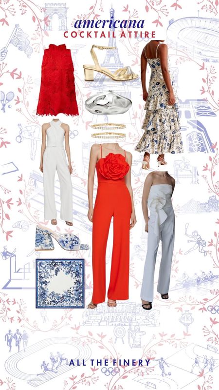 What to wear to the Olympics, Olympics outfits, Olympics outfit inspo, team usa outfit inspo, Americana, American style, red white and blue outfits, American flag outfit, Americana style, Americana outfit inspo. Cocktail attire. Red rosettes, jumpsuit rosettes, flowers, evening wear, cocktail dress. 