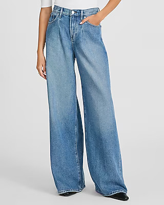 High Waisted Medium Wash Pleated Relaxed Wide Leg Jeans | Express