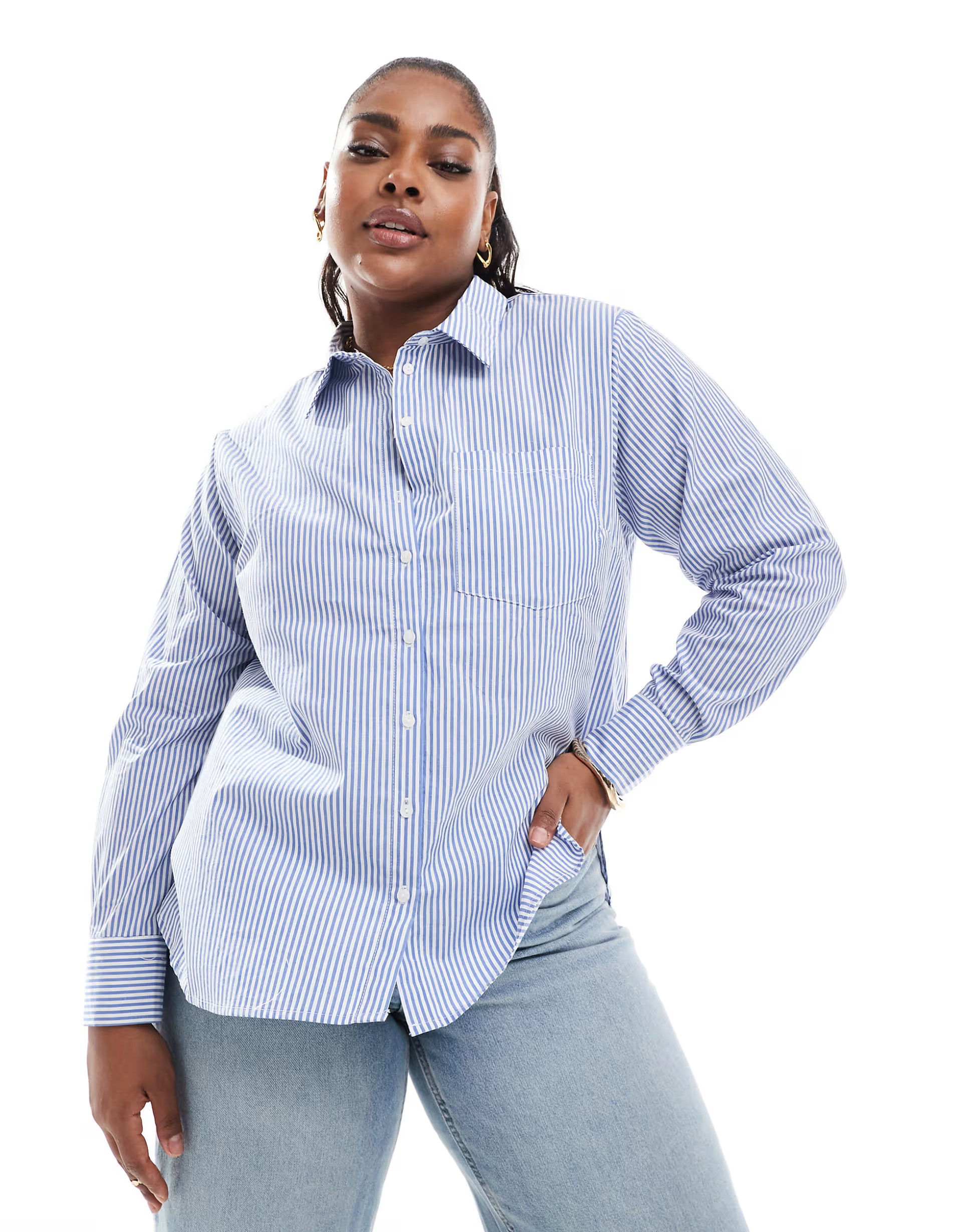 ONLY Curve long sleeve stripe shirt in blue | ASOS (Global)