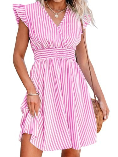 CUPSHE Women's Mini Dress V Neck Flutter Sleeve Striped Smocked Waist A Line Short Summer Cocktail Dress Pink Striped, M | Amazon (US)