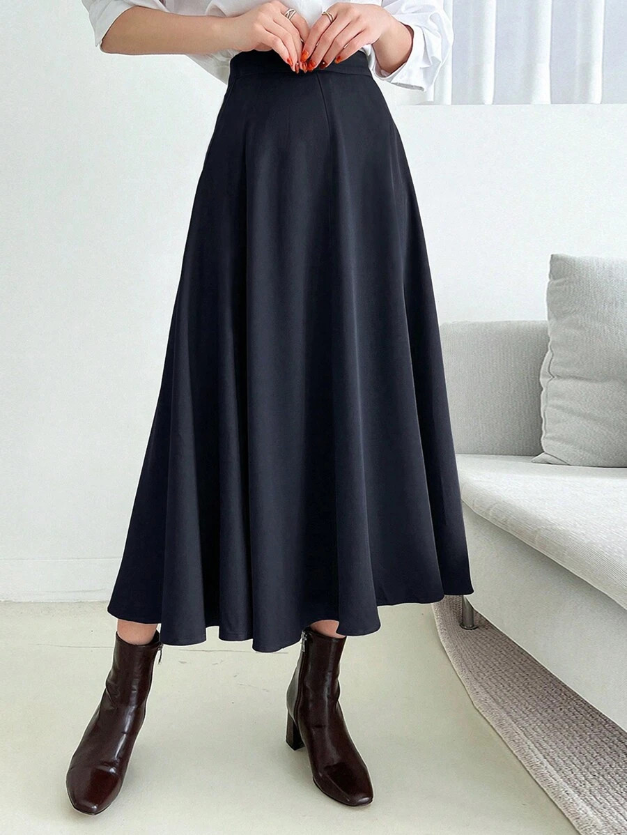 DAZY Zipper Back Solid Flare Skirt,Ladies Casual Zipper Long Loose Natural Navy Blue Plain Women Skirts,Spring/Fall,Casual Daily Wear | SHEIN